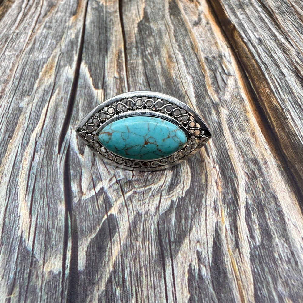 Boho Turquoise Oval Statement Ring Silver Tone Filigree Adjustable Vintage Gift